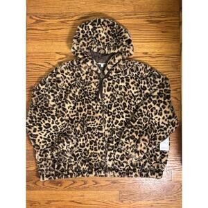 NWT Time and Tru Vegan Fur Zippered Hoodie Leopard Print Size 2X